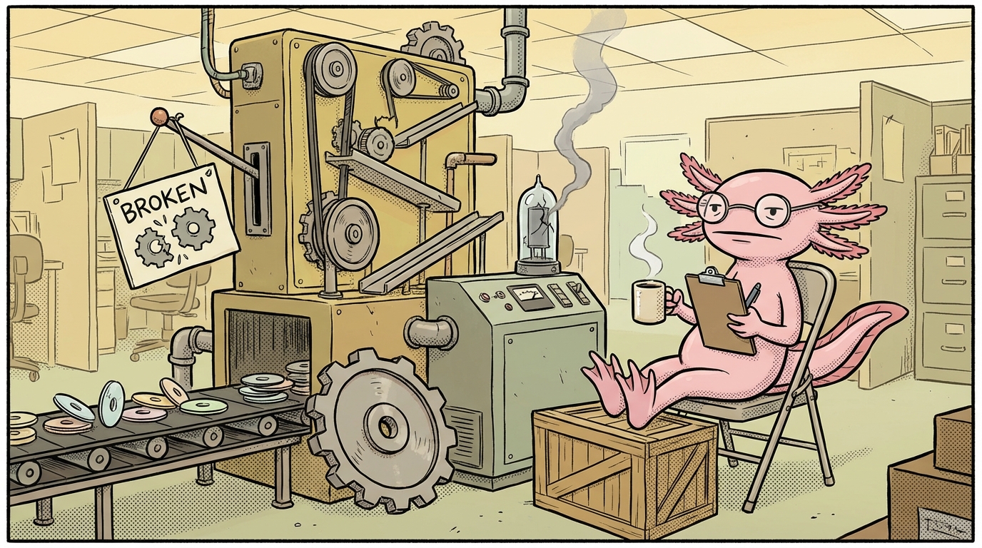 Flippy the axolotl sitting in a folding chair next to a broken disc golf machine, sipping coffee with a deadpan expression