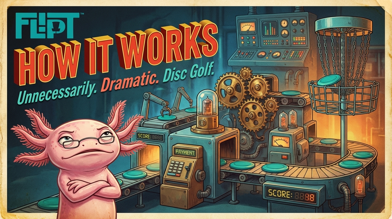 Flippy the axolotl overseeing the FL!PT Leagues disc golf league machine